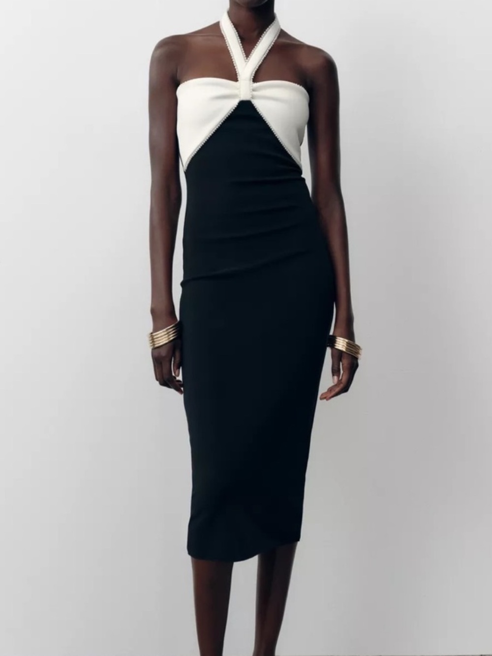 ZARA Black & White Halter Sculpting Body-con Midi Dress with beaded trim. L NWT
